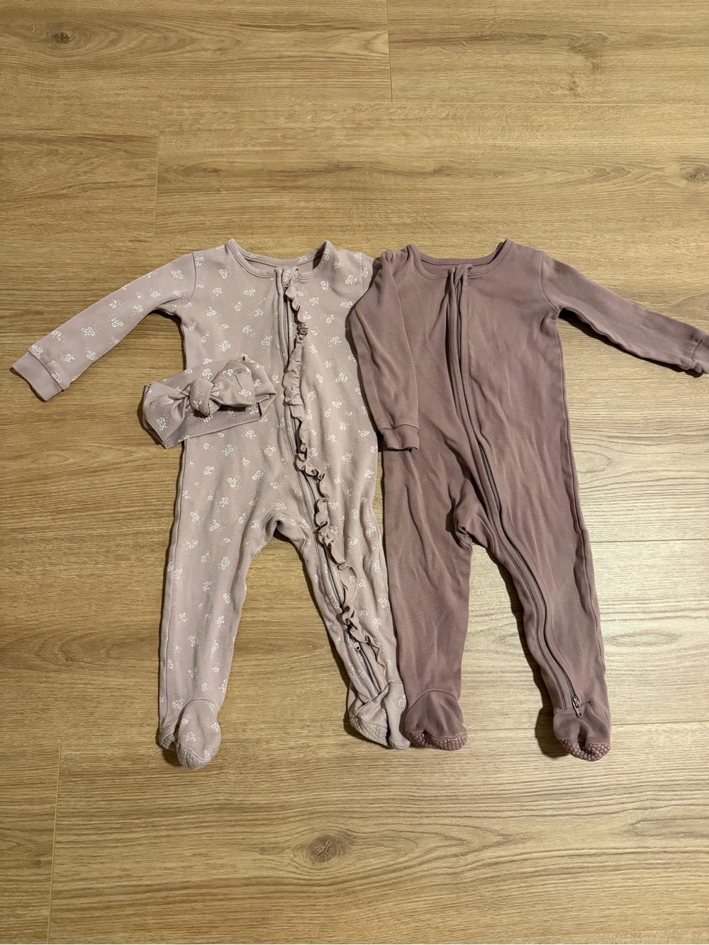Two Purple Colored Organics 6-12M Baby Sleepers with Headband